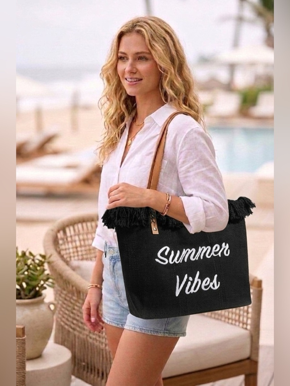 Zenana SUMMER VIBES FRINGE CANVAS TOTE BAG